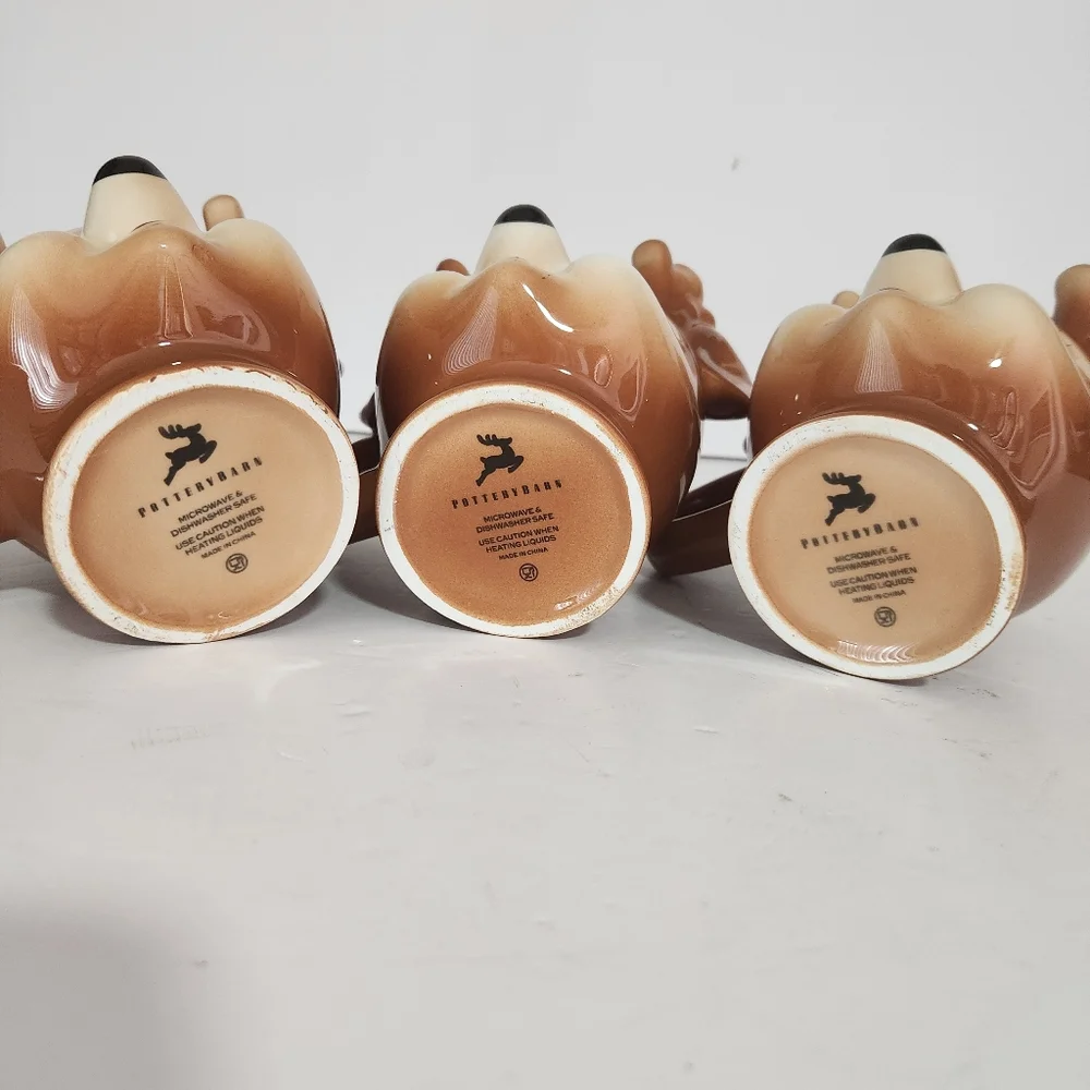 Pottery Barn Lot of 3 Cheeky Reindeer Christmas Holiday Mugs RARE Whimsical
